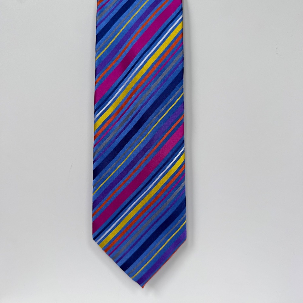 Paul Fredrick Necktie Mens rainbow Striped Silk Formal Business Tie blue pink - Picture 2 of 4